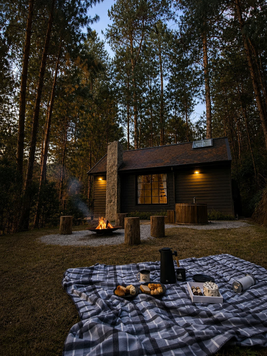 A Farm House ao anoitecer, com o firepit aceso