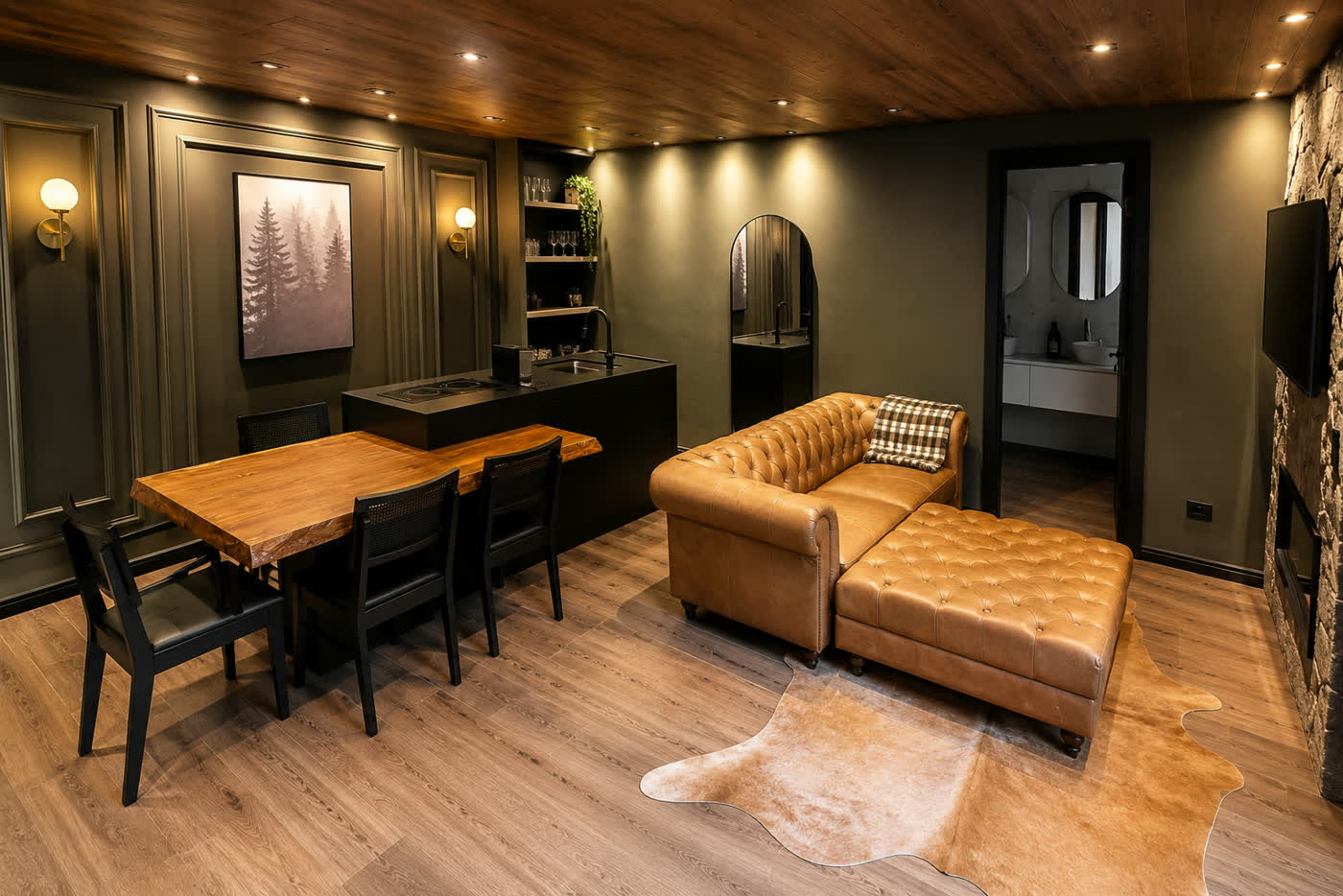 A sala de estar, o jantar e a cozinha da Hill House