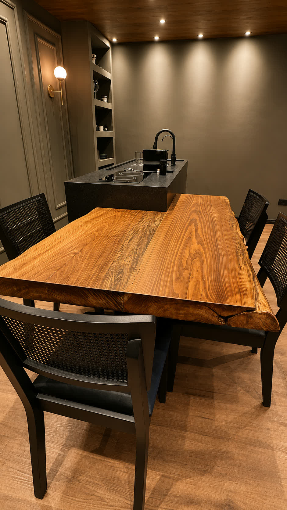 Mesa de jantar em madeira maciça, com a ilha e o cooktop ao fundo